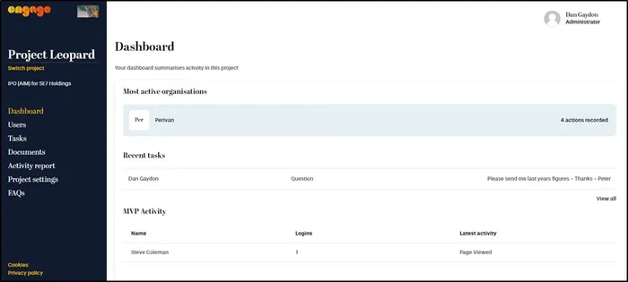 Engage dashboard showing recent tasks, investor questions and active organisations
