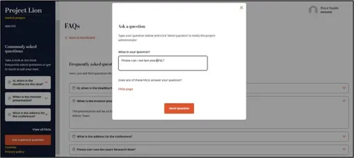 Ask a question dialog for investor queries
