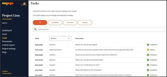 Tasks list showing investor requests tracked to completion
